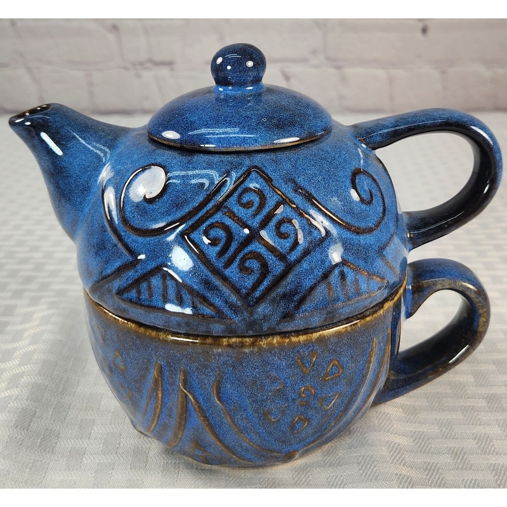 Pier 1 Stackable Tea Set Cup Mug Pot Blue Rustic Glazed Stoneware "Tea for One"